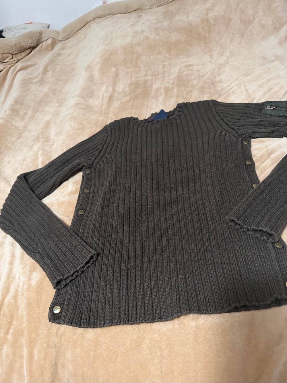 Ralph Lauren Brown Ribbed Button-Accent Crewneck Sweater XS